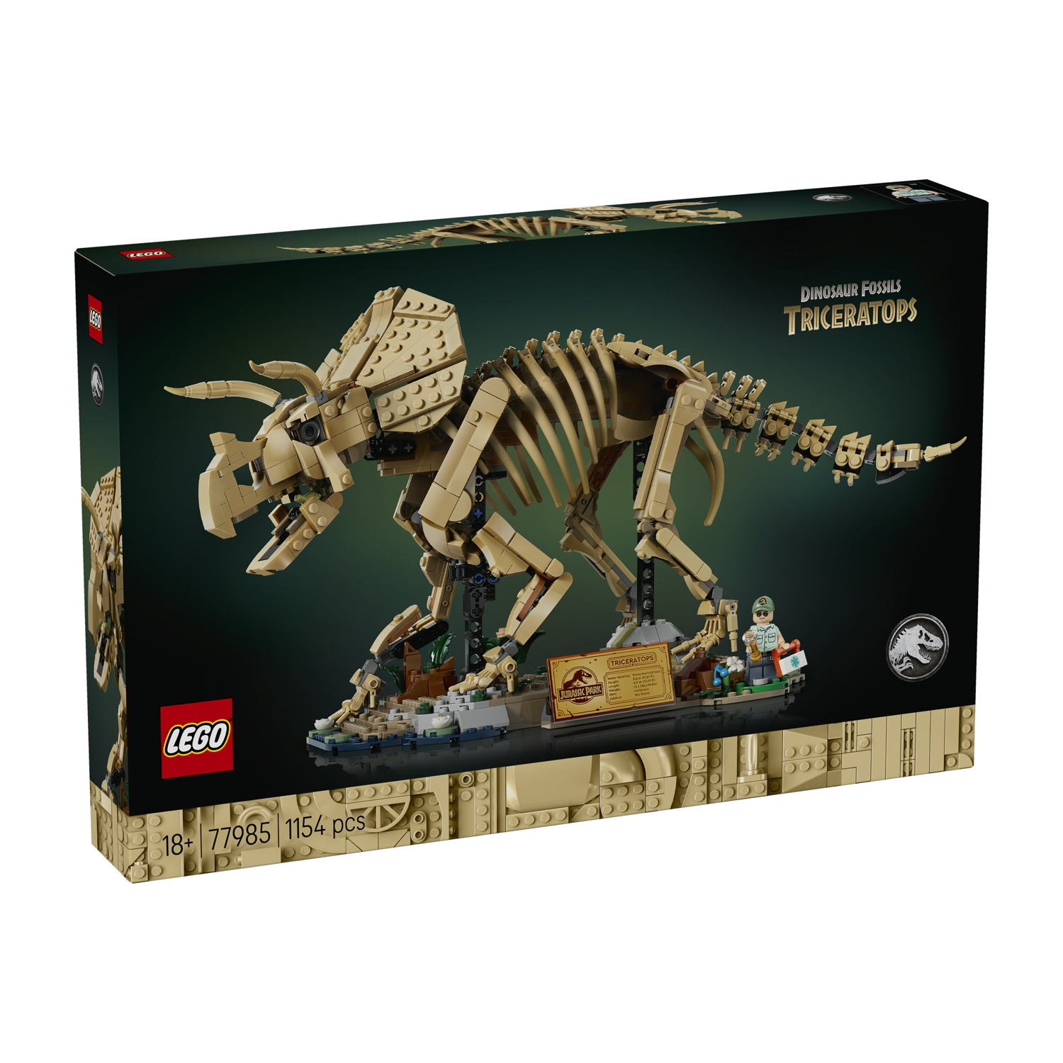 Scatola modello fossile Triceratops Lego. Presenta scheletro, logo Jurassic Park e minifigure.