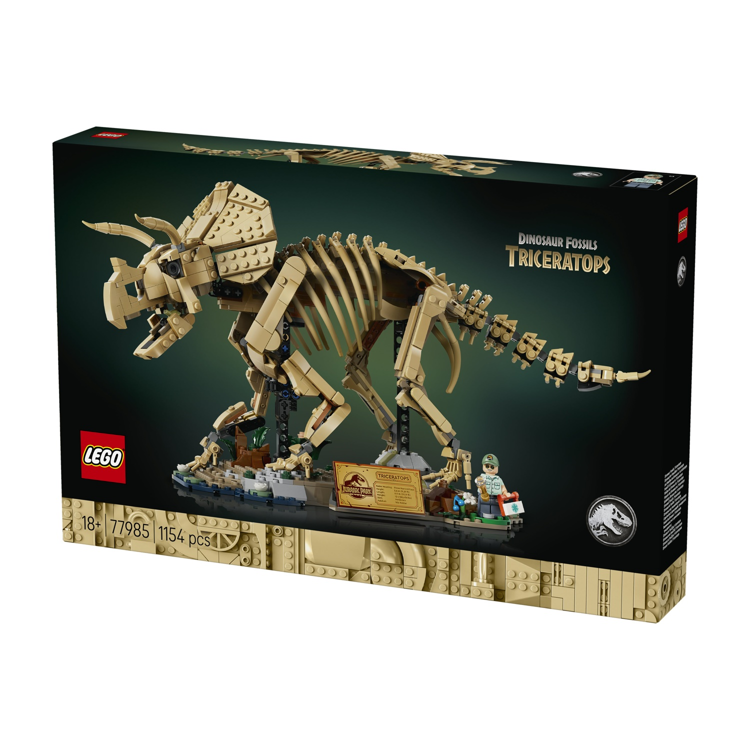 Scatola set fossili Lego Jurassic Park Triceratops con modello scheletro dinosauro.