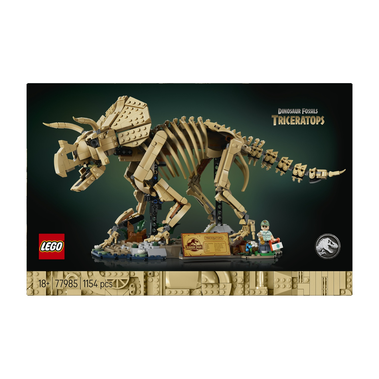 Un modello di scheletro di Triceratopo Lego color cuoio si erge su una base espositiva.