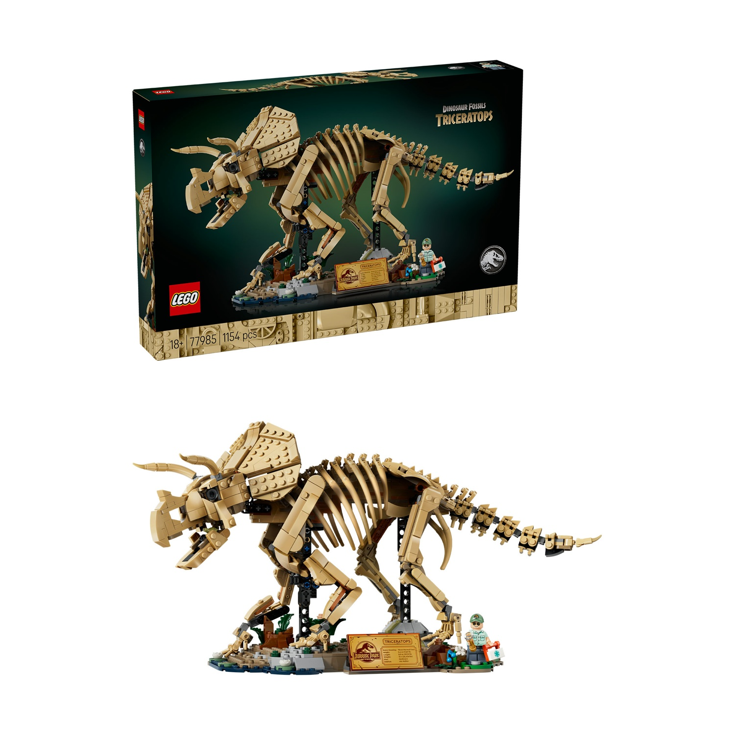 Set fossile dinosauro Triceratops LEGO con scatola e modello. Scheletro beige.