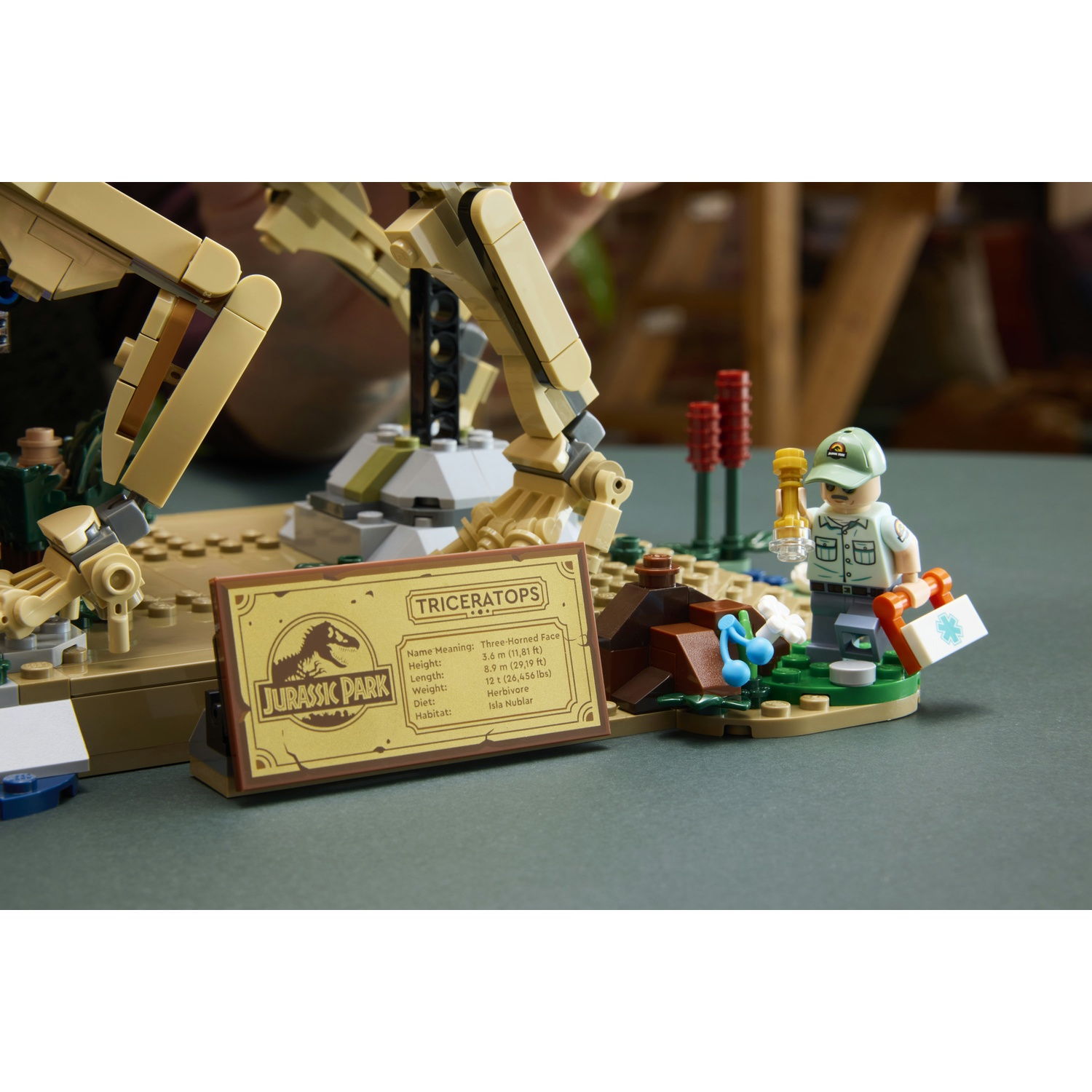 Un ranger del parco Lego tiene una lampada accanto a un cartello Triceratops.