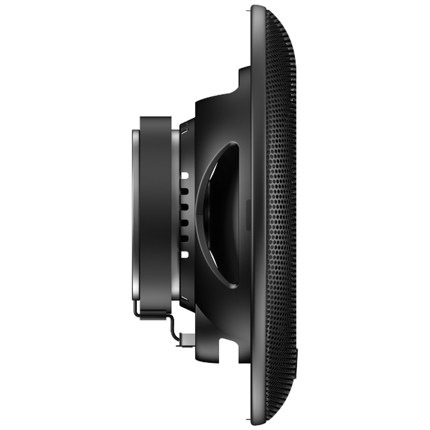 Black speaker in side profile showing magnet and grille.