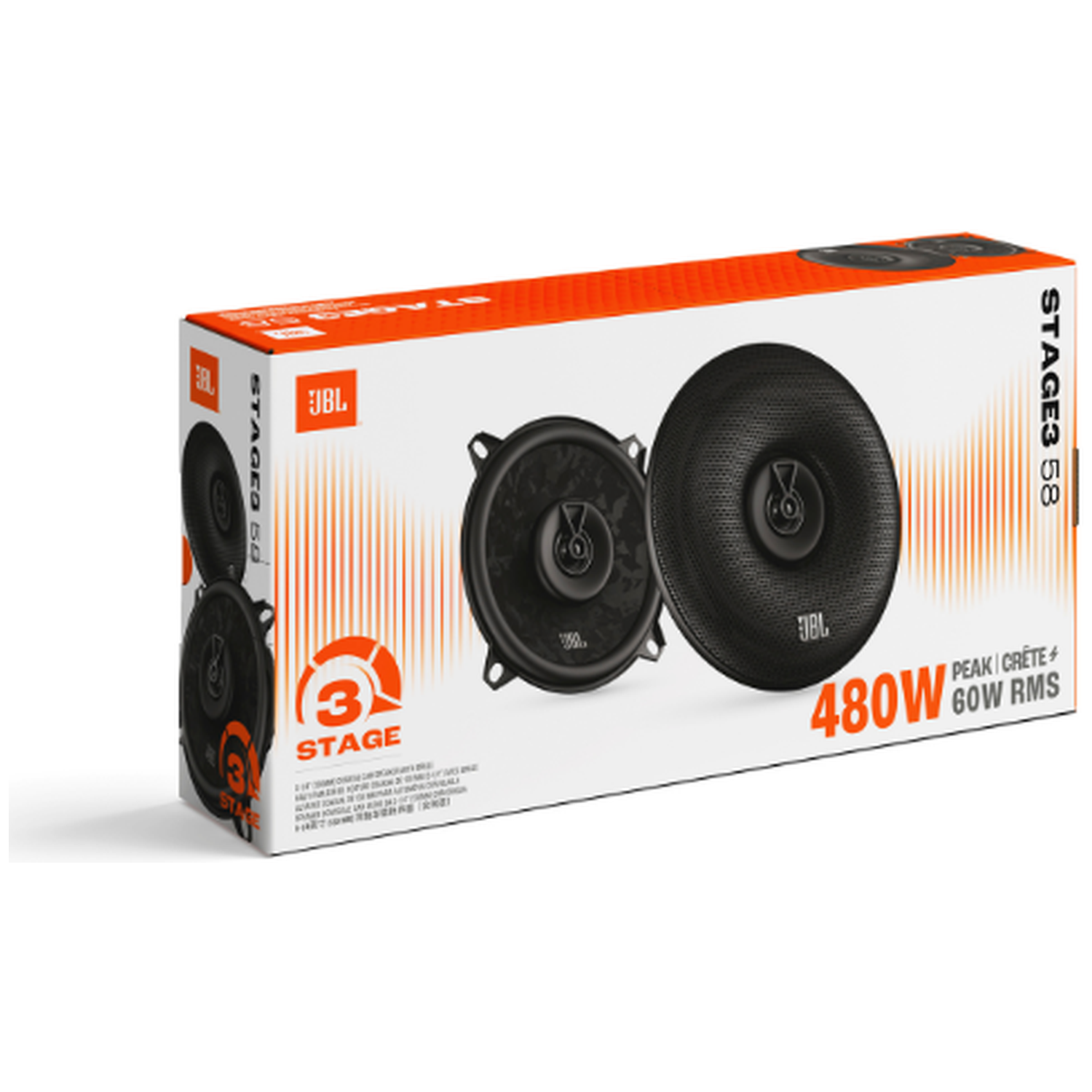 Box with two JBL speakers, white and orange, with power ratings.