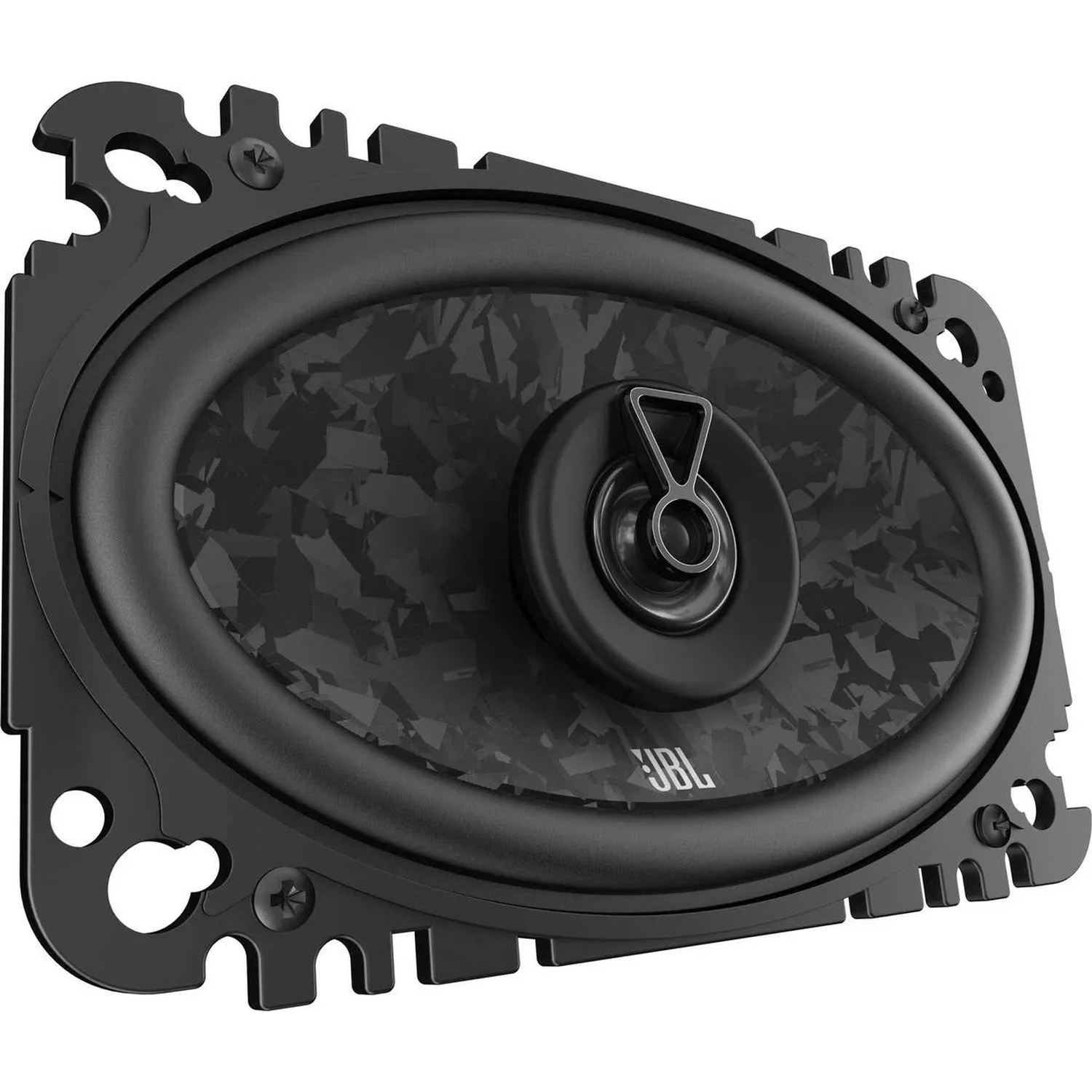 Black oval speaker with a gray patterned cone and JBL logo.