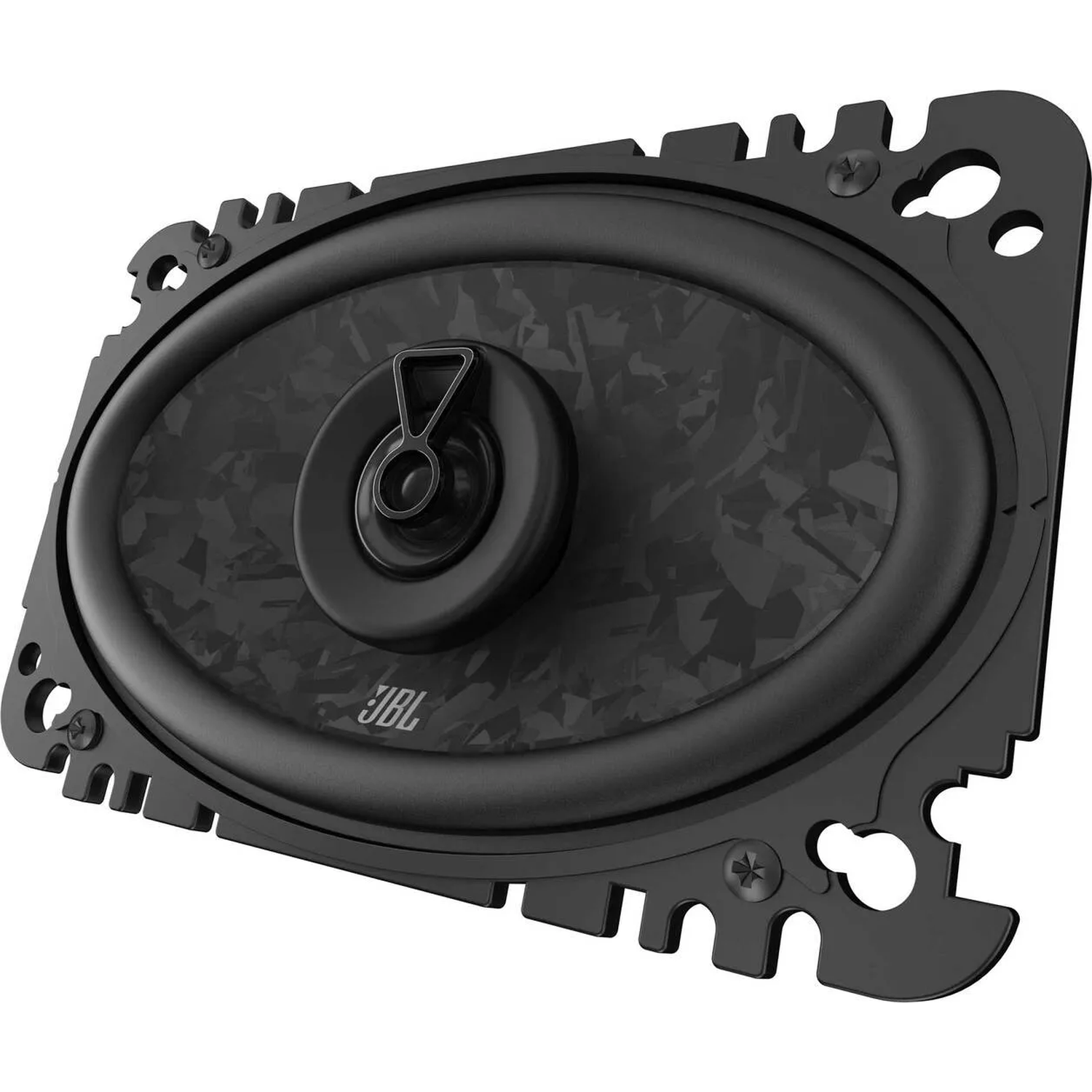 Black oval speaker with black grille and JBL logo.