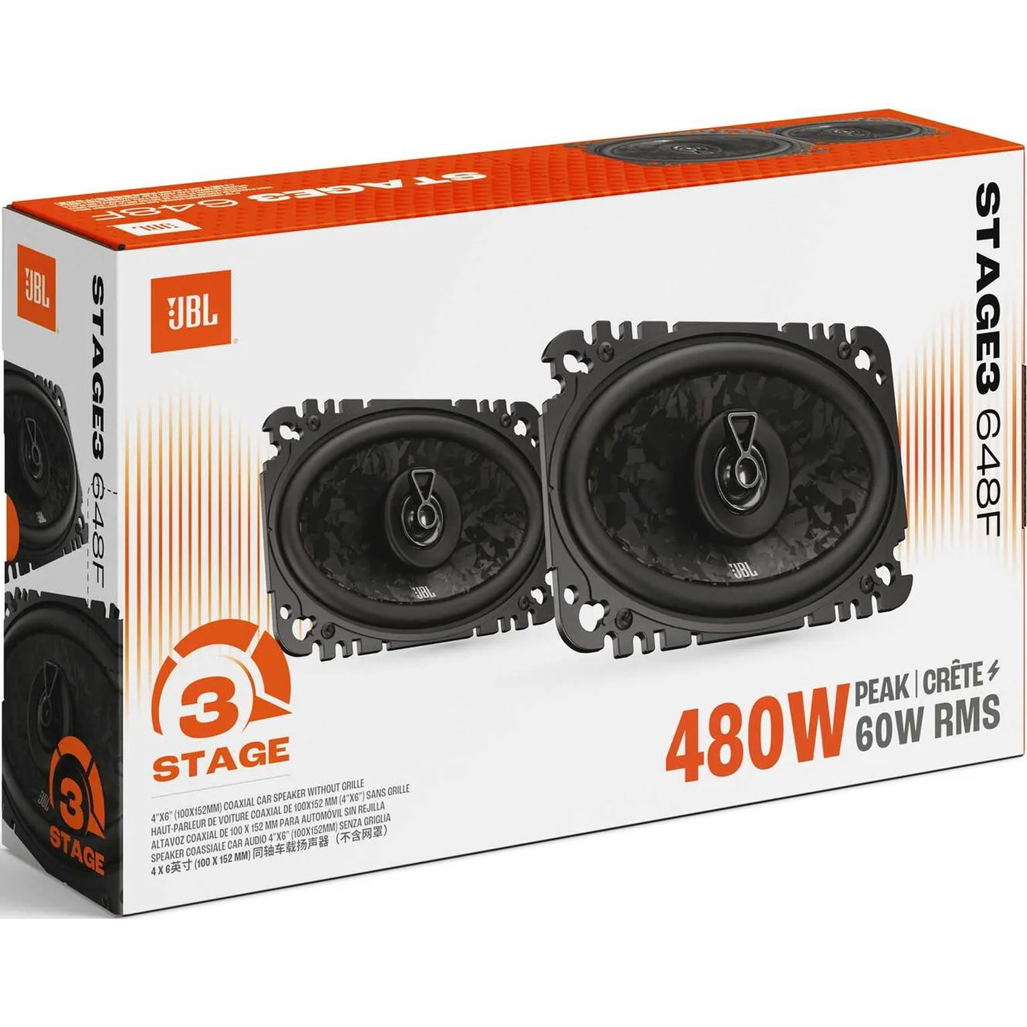 Two JBL 4x6 inch coaxial car speakers without grilles on packaging.