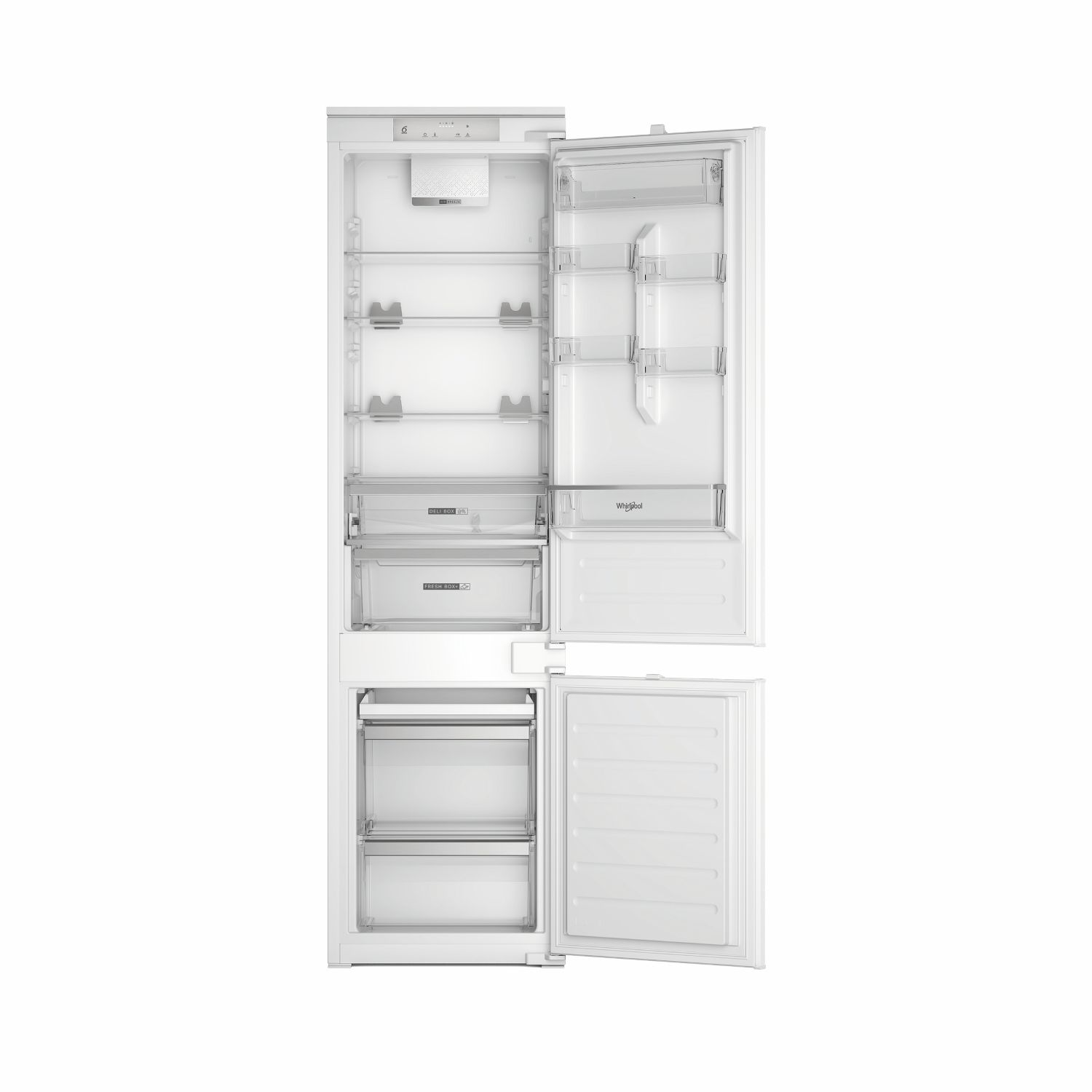 Un refrigerador blanco abierto con múltiples estantes y cajones.