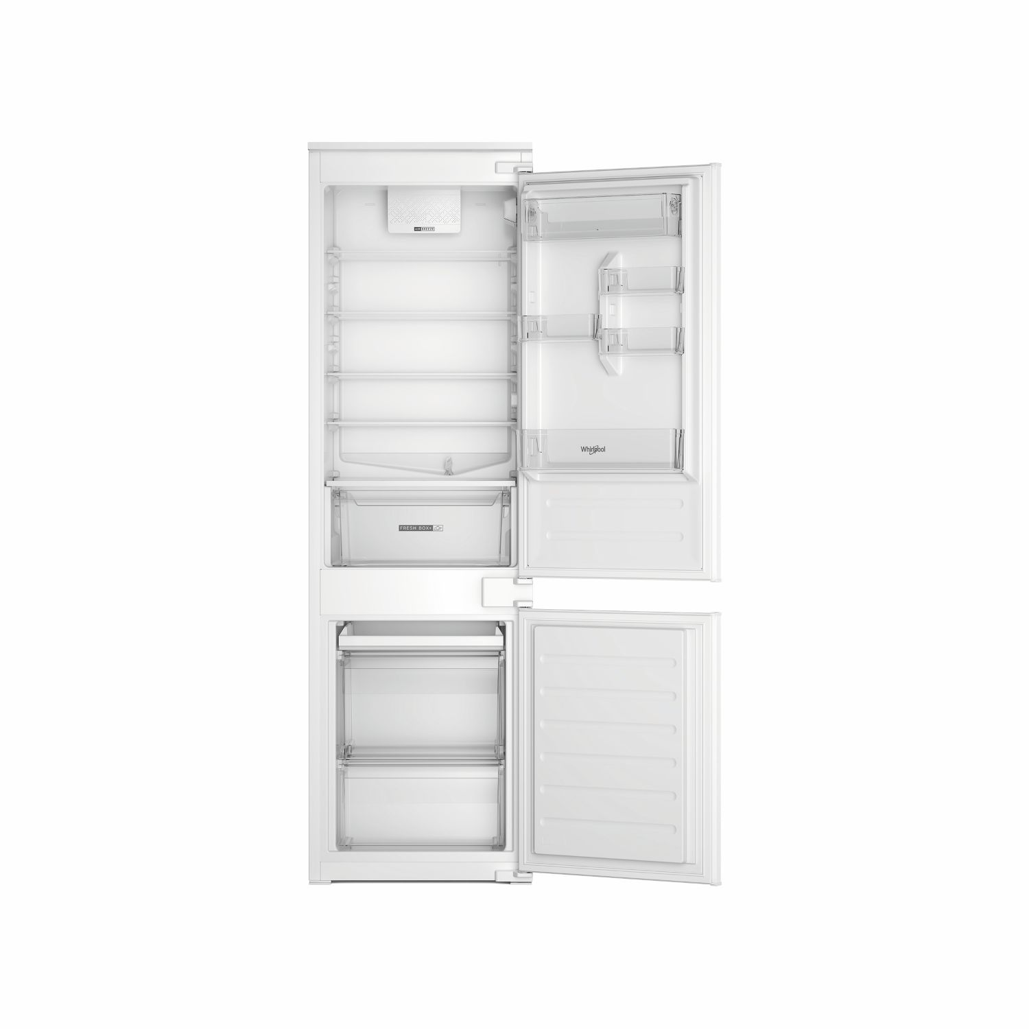 Un refrigerador blanco abierto con varios estantes y cajones.