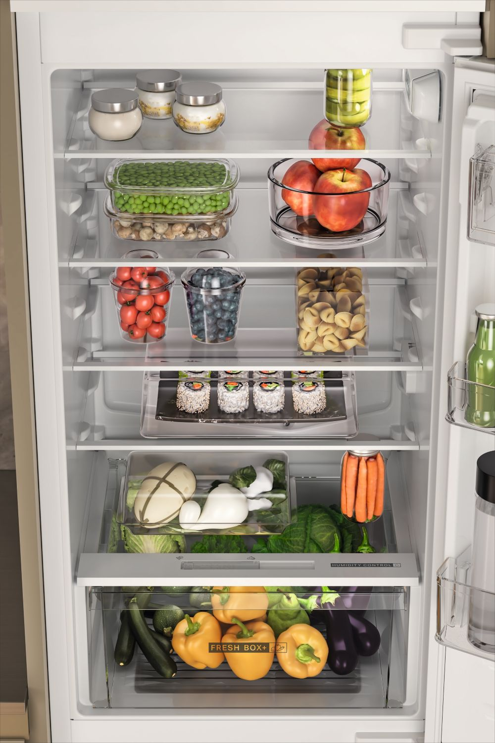 Un refrigerador lleno de comida: verduras, frutas, sushi, pasta y más.
