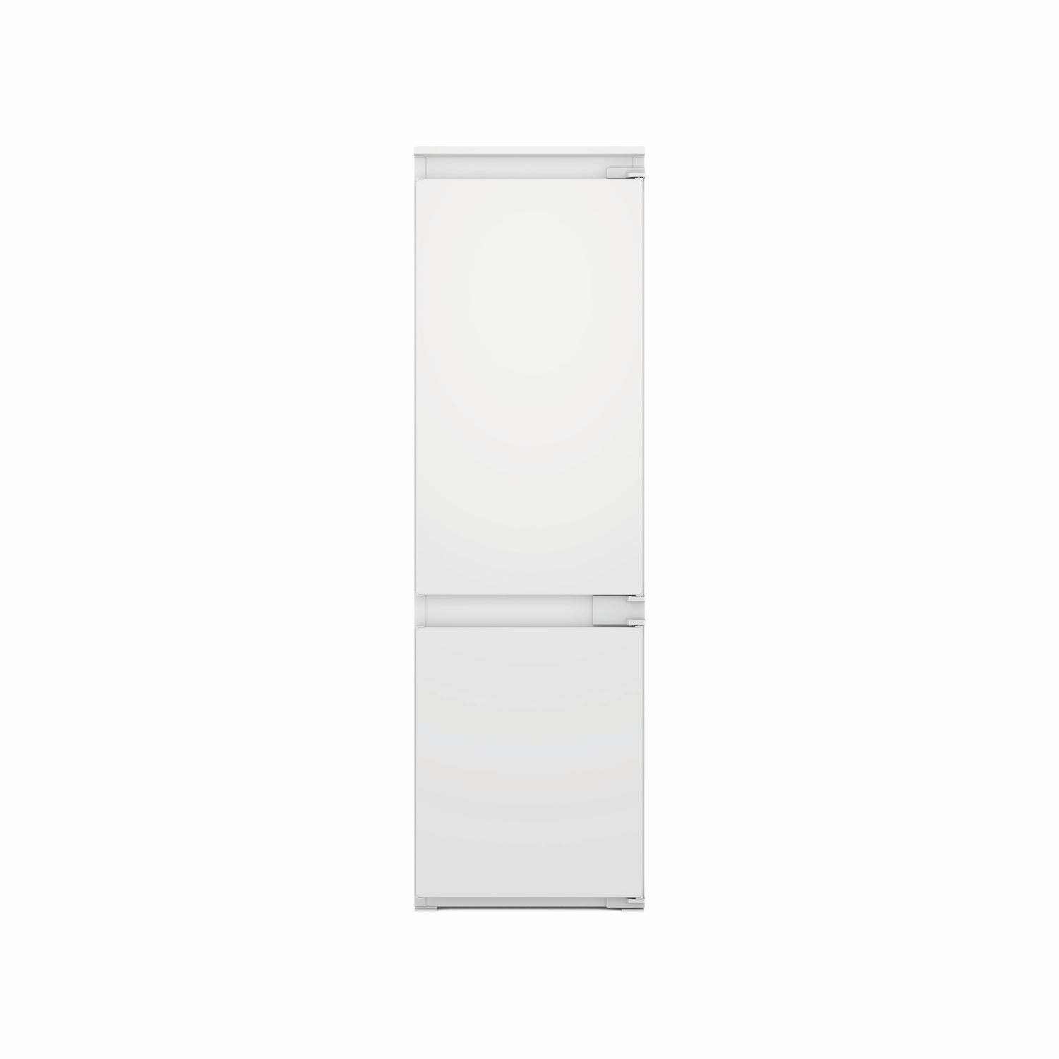 Un refrigerador blanco con dos puertas, una superior y otra inferior.
