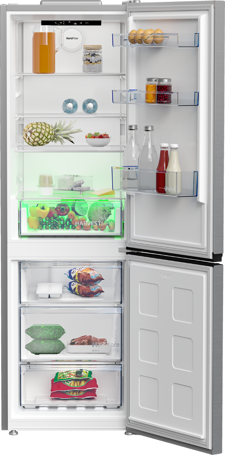 Refrigerador abierto con comida: zumo, huevos, fruta, verduras, carne y congelados.