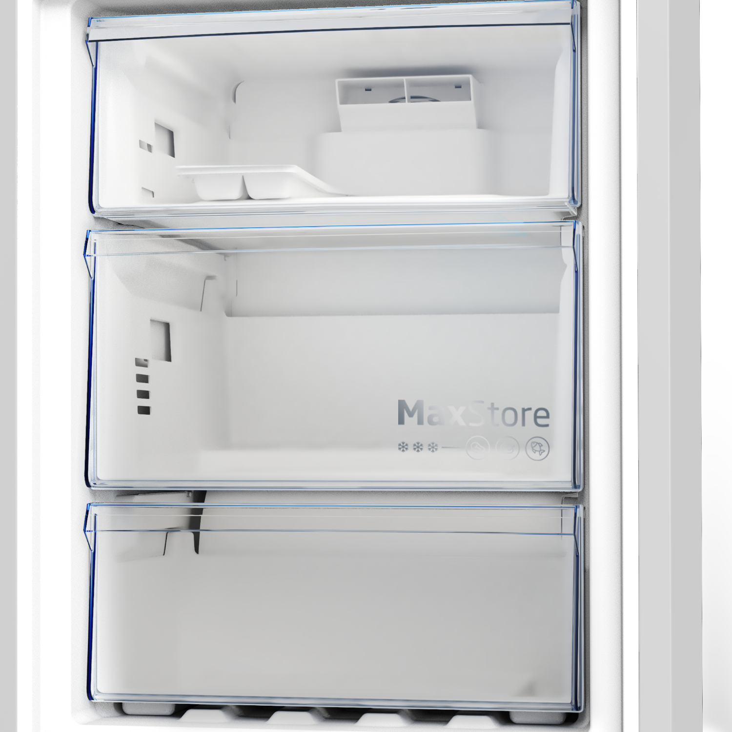 Cajones vacíos del refrigerador con frentes transparentes y acentos azules.