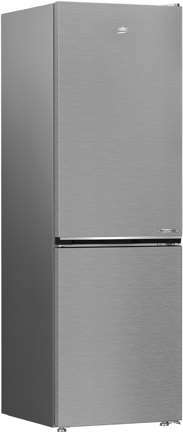 Un refrigerador plateado con acabado cepillado y asa plateada.