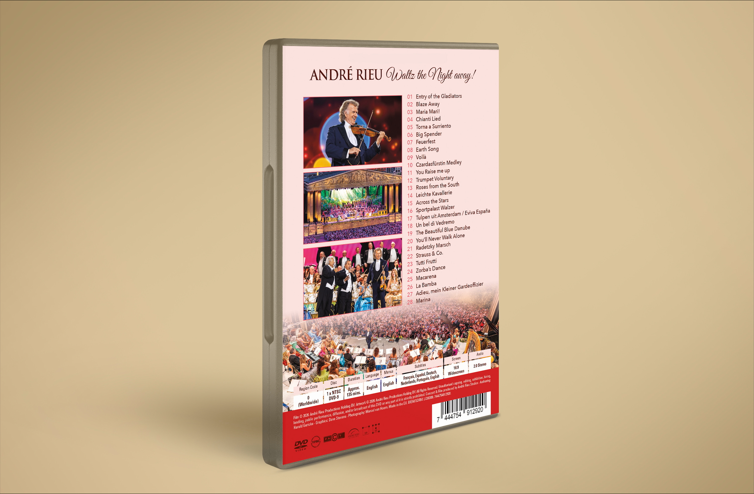 DVD-Rückseite mit André Rieu, Konzertbildern und Titelliste.
