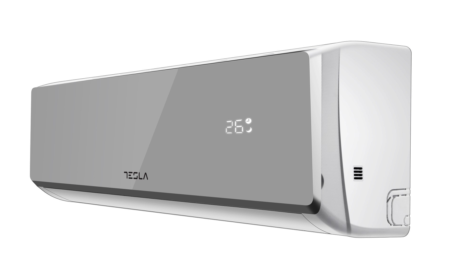 Fehér Tesla légkondicionáló digitális kijelzővel, 26 fokot mutat.