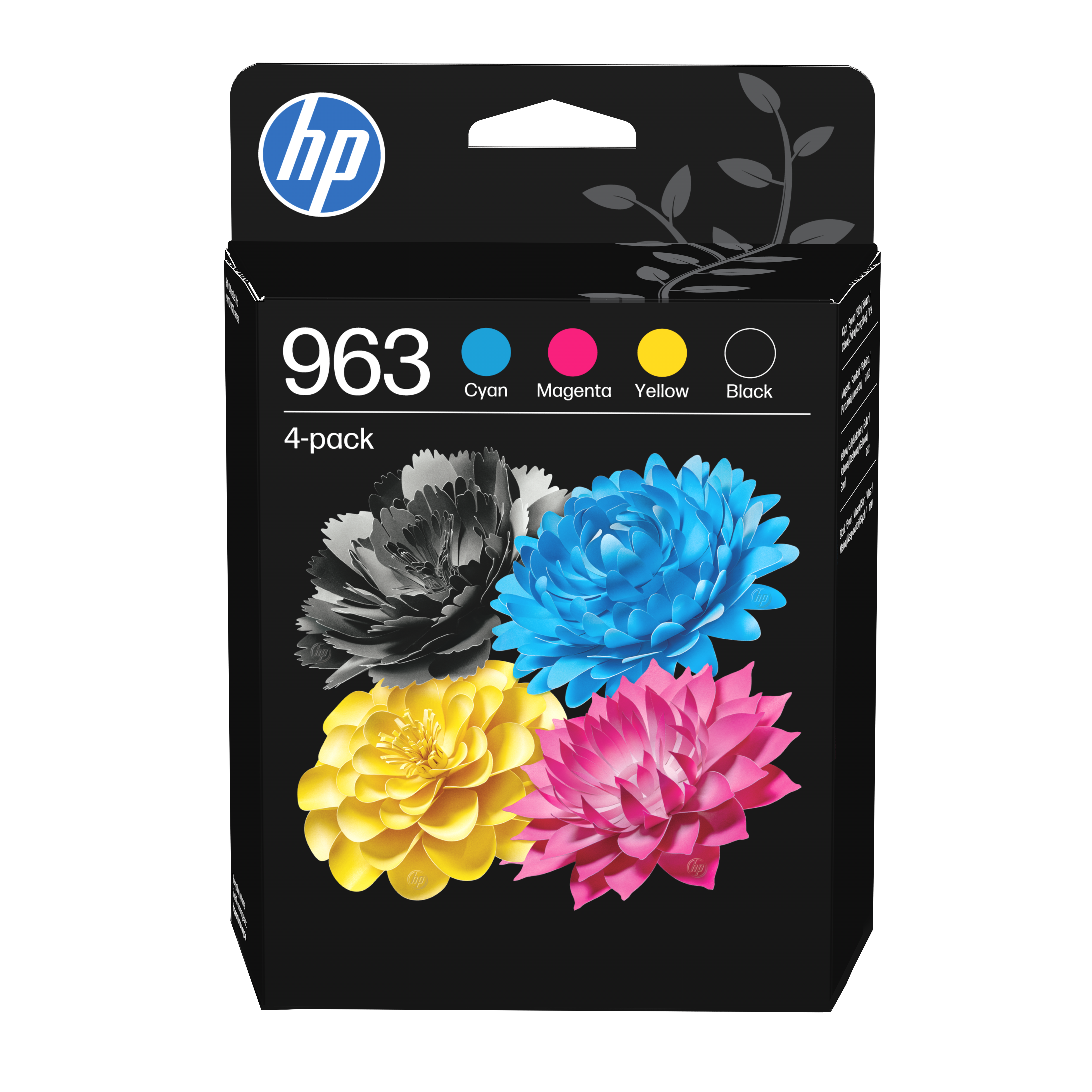HP 963 4er-Pack Tintenpatronen mit Cyan-, Magenta-, Gelb- und Schwarzblumen.