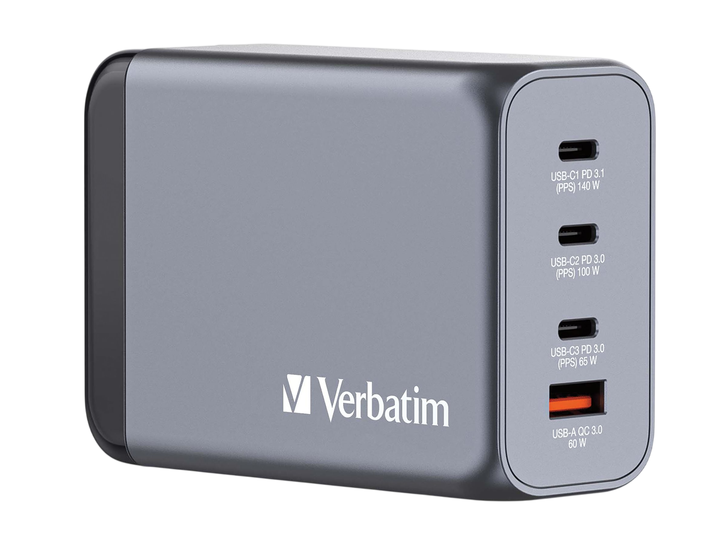 Grauer Verbatim Ladegerät mit 4 Anschlüssen: 3x USB-C, 1x USB-A.