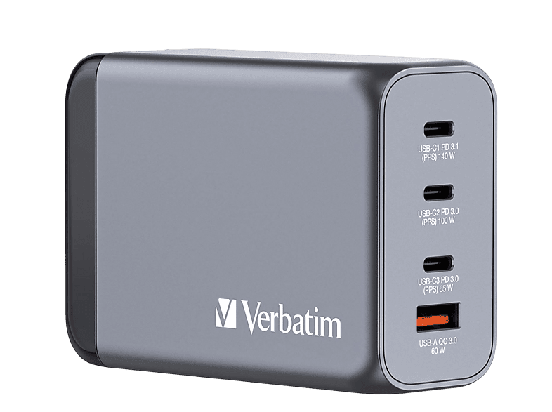 VERBATIM GNC-240 GAN Ladegerät, 4 Anschlüsse, USB-C, USB-A, 240 Watt, (EU/UK/US)