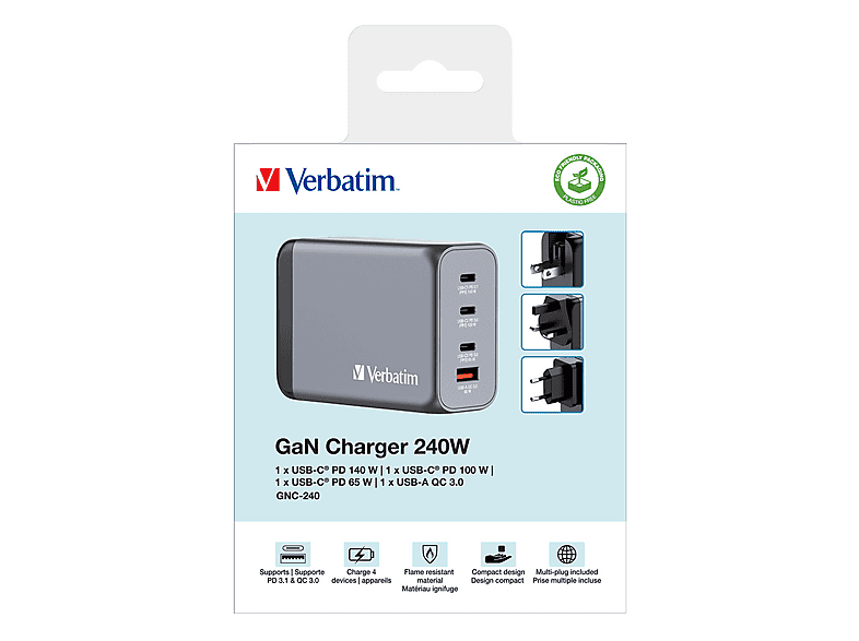 VERBATIM GNC-240 GAN Ladegerät, 4 Anschlüsse, USB-C, USB-A, 240 Watt, (EU/UK/US) — Foto 2 von 2