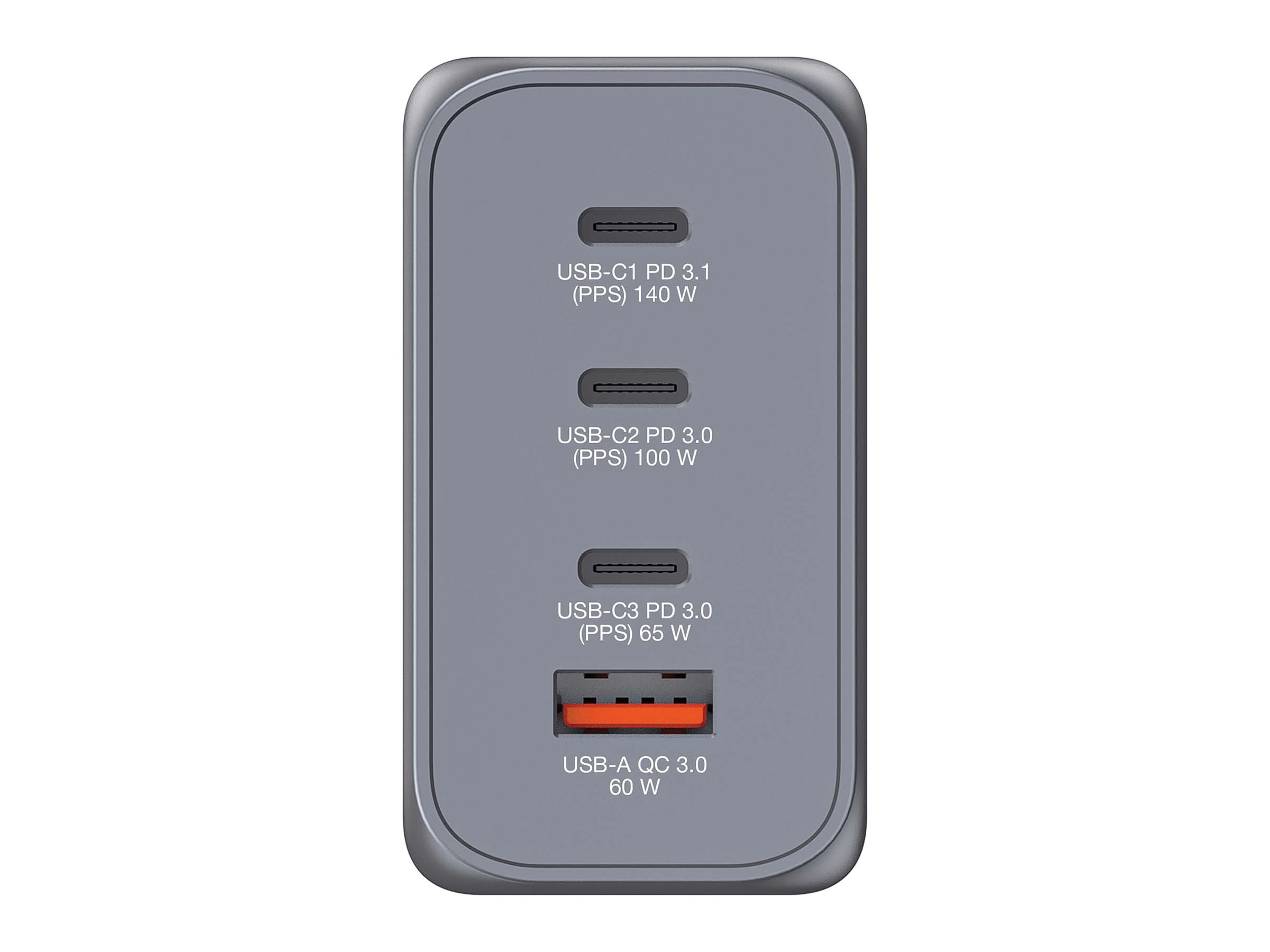Grauer USB-Ladegerät mit 3 USB-C- und 1 USB-A-Anschluss.