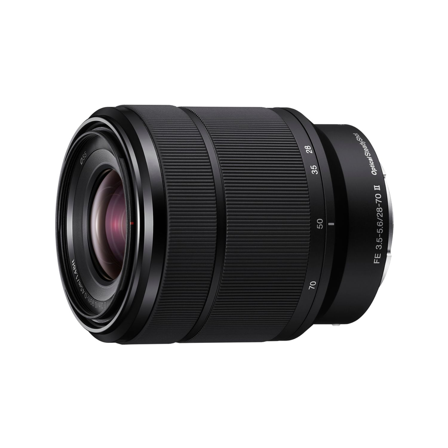 Lente de cámara negra con anillo de zoom y marcas de 28-70 mm.