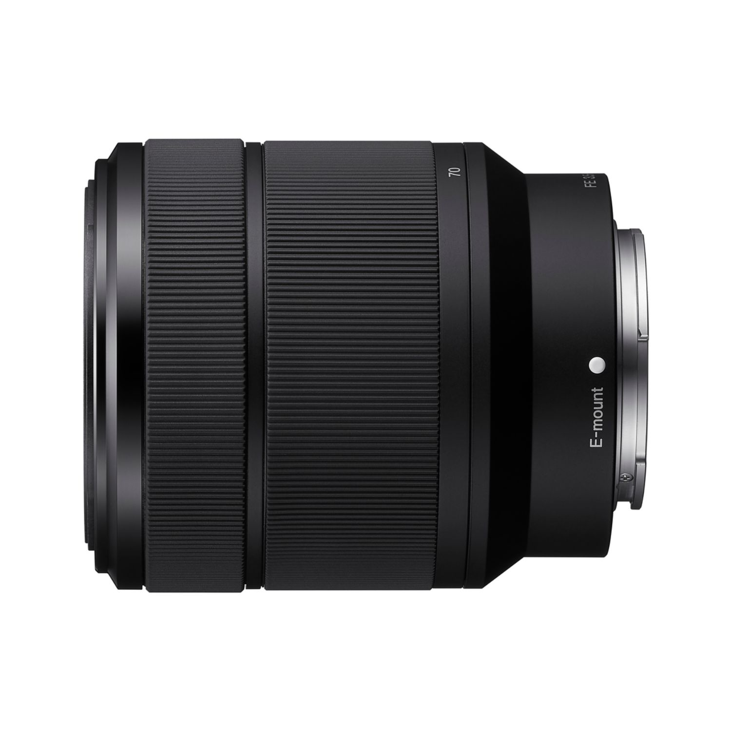 Lente de cámara negra con anillos estriados y marca E-mount.