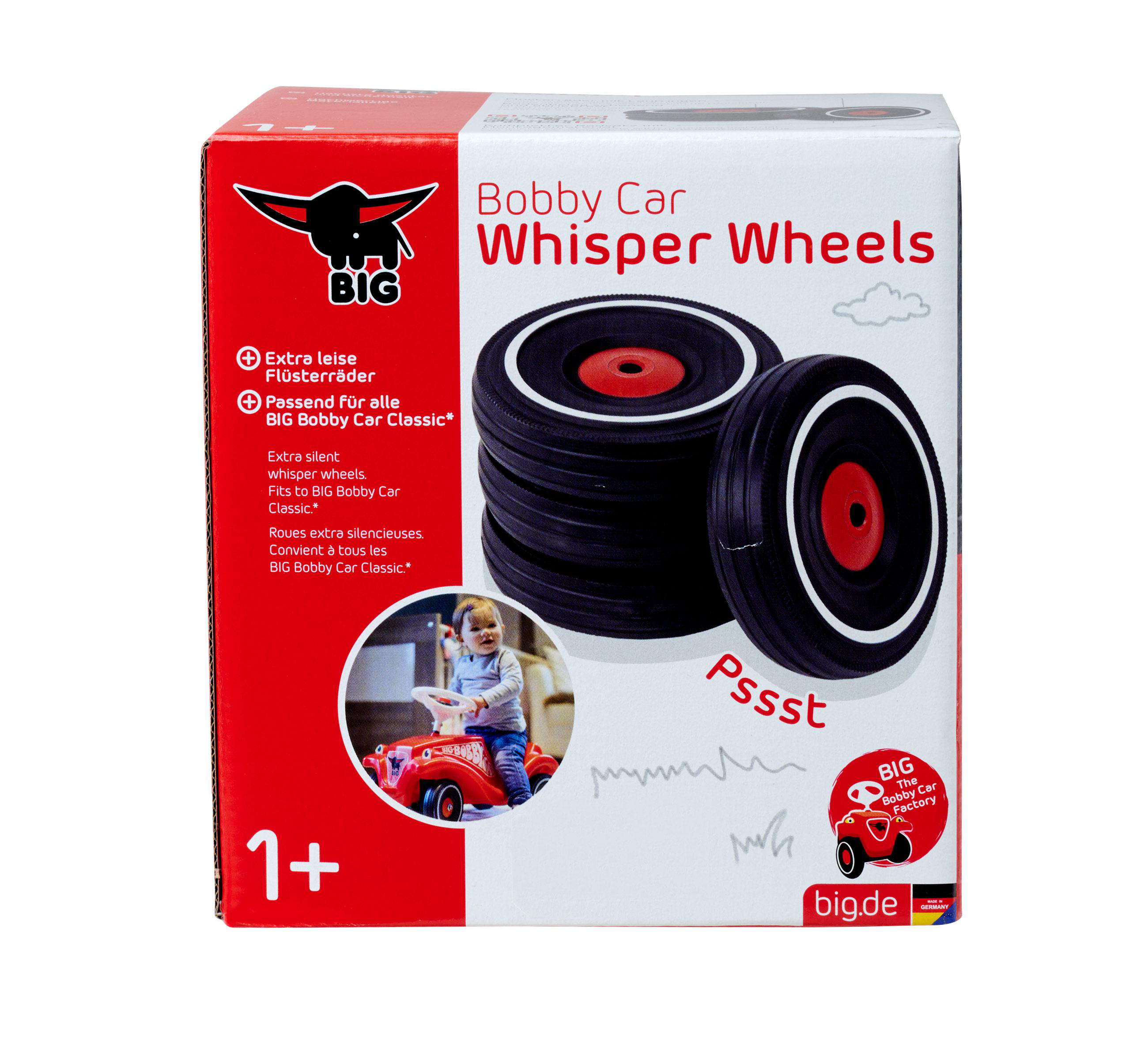 Verpackung für BIG Bobby Car Whisper Wheels mit Rädern und einem Kleinkind.
