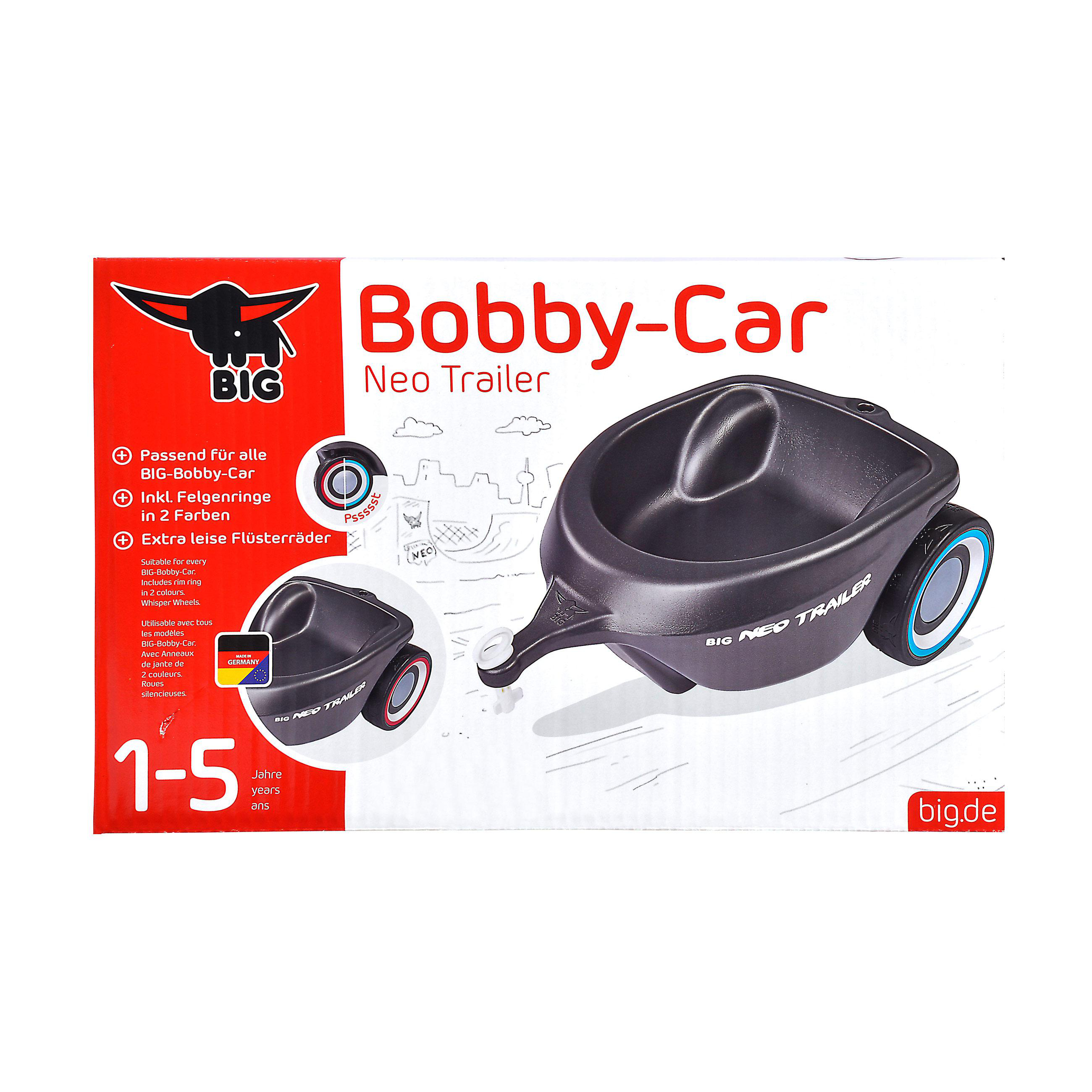 Schwarzer Bobby-Car Neo Trailer mit blauem Rad, für Kinder von 1-5 Jahren.