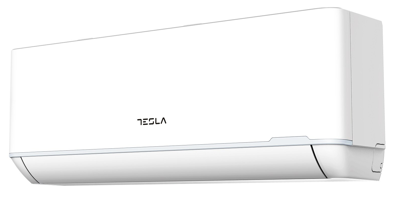 Fehér Tesla légkondicionáló fekete logóval, fehér háttéren.