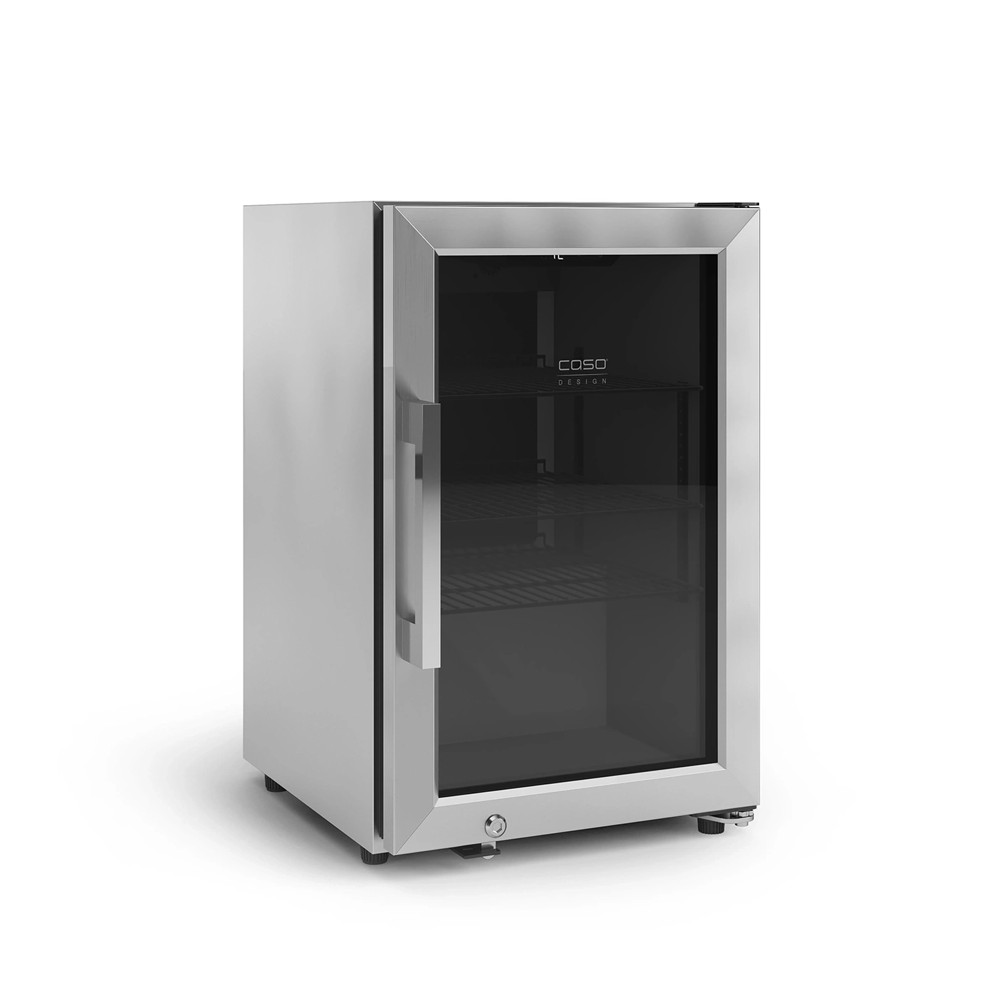 Ein silberner Minikühlschrank mit Glastür und silbernem Griff steht auf weißem Grund.