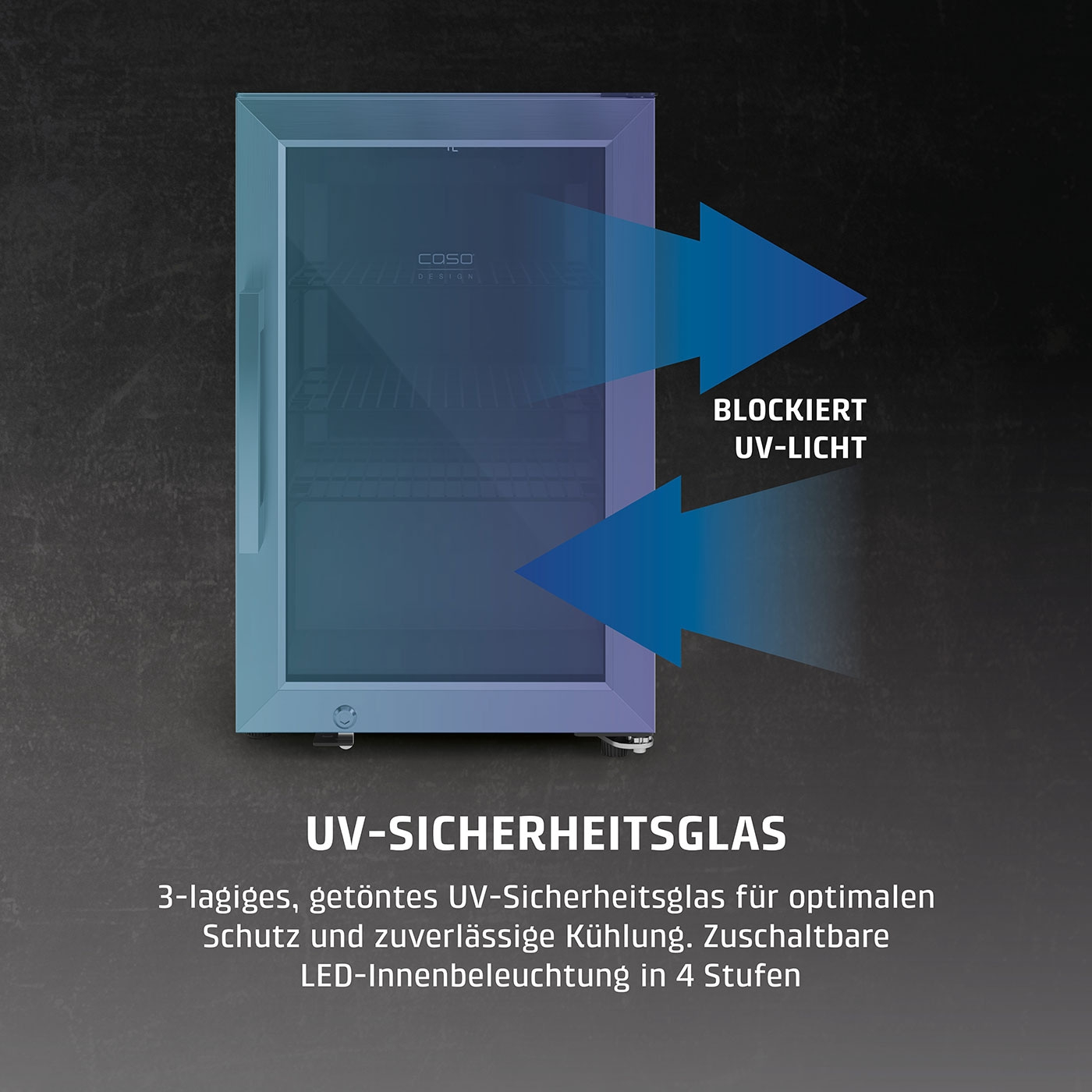 Kühlschranktür mit UV-Schutz und Pfeilen, die UV-Licht blockieren.