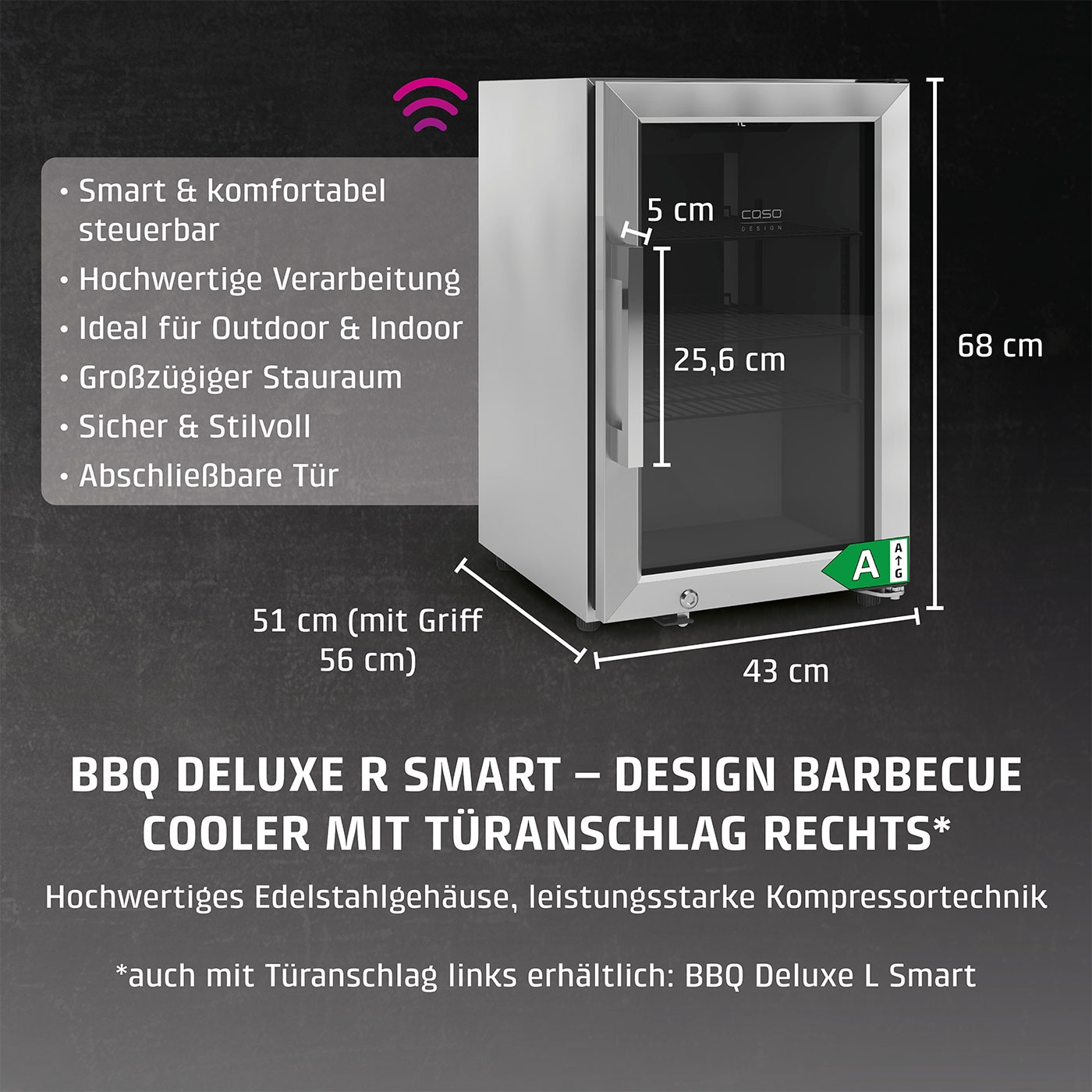 Edelstahl-Kühlschrank mit Glastür, Maße 68x43x51 cm, mit smarten Funktionen.