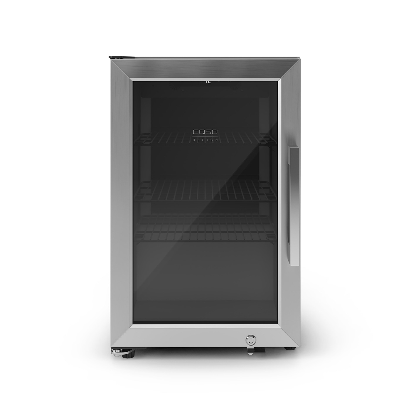 Ein silberner Kühlschrank mit Glastür und COSO-Logo.