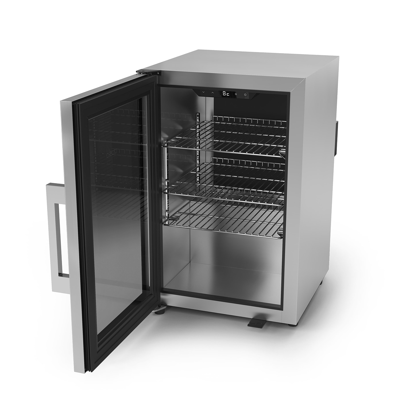 Ein silberner Kühlschrank mit Glasfront und offenem Fach. Mit Regalen.