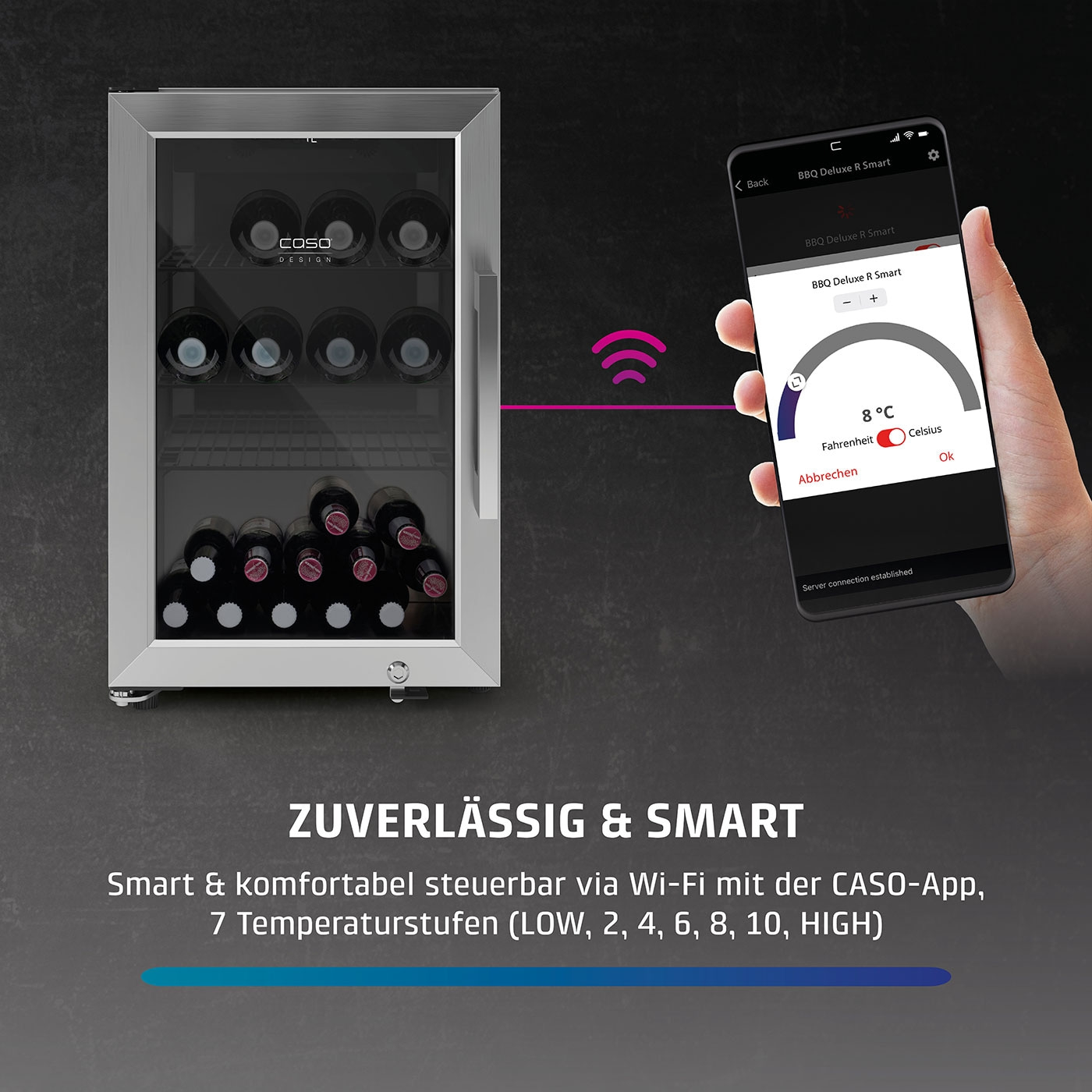 Ein Weinkühler wird per Smartphone-App gesteuert und zeigt 8°C an.