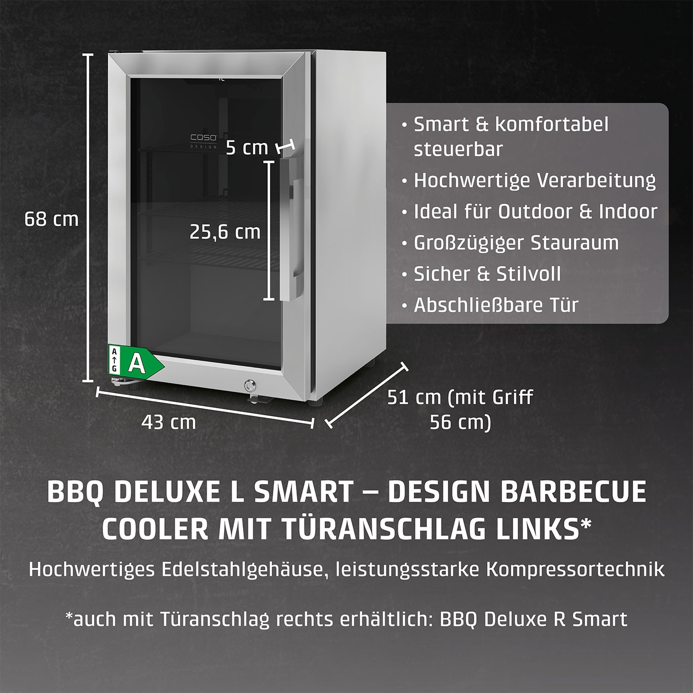 Ein silberner Kühlschrank mit Glastür, Maße und Merkmale sind auf Deutsch angegeben.