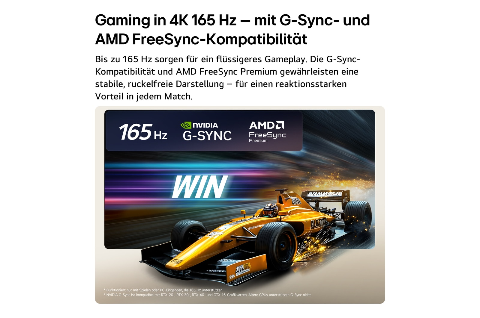 Ein gelber Rennwagen mit der Aufschrift "WIN" fährt, mit G-Sync und AMD FreeSync.
