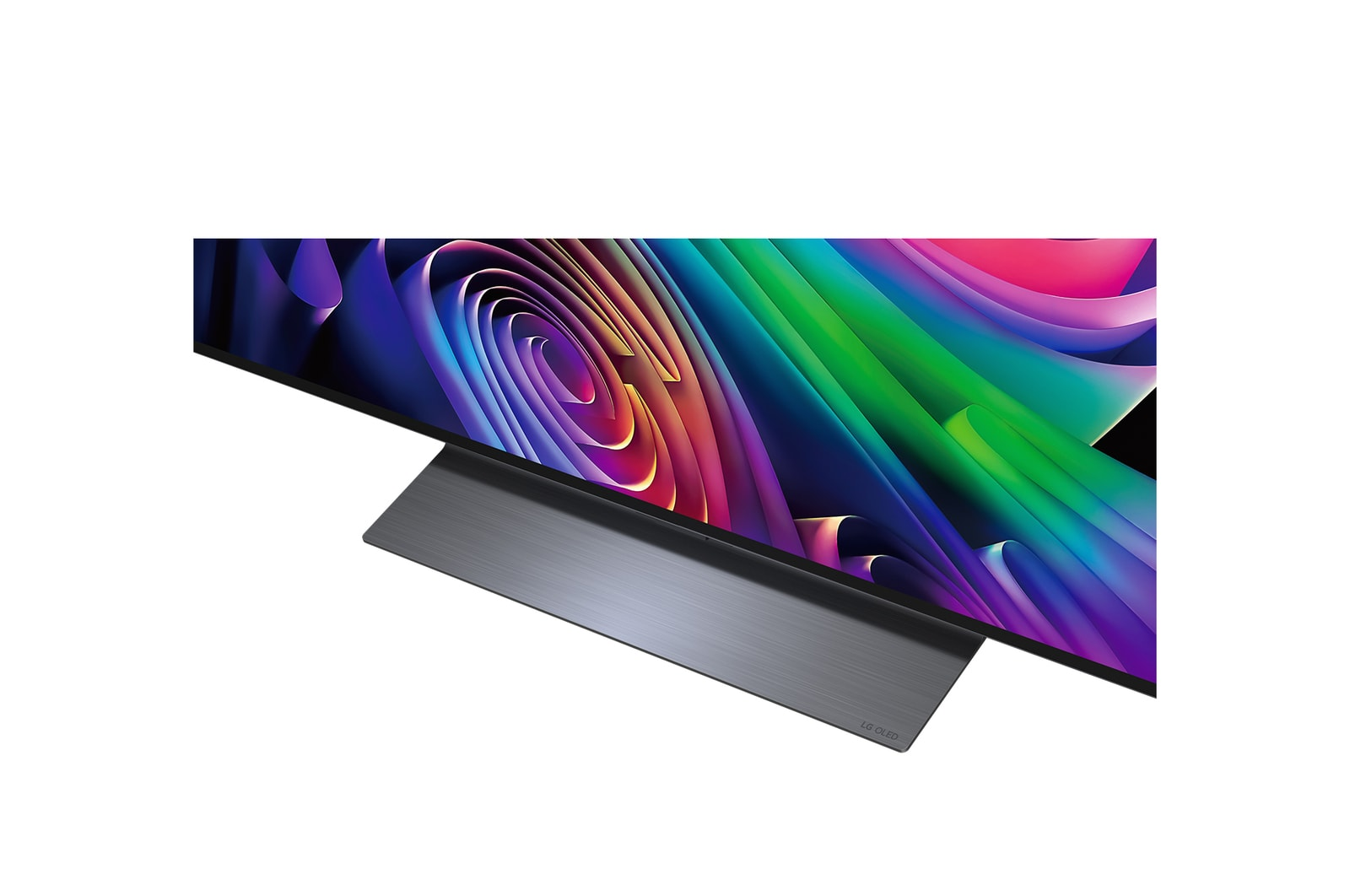 Ein moderner OLED-Fernseher mit einem bunten, abstrakten Hintergrund auf dem Bildschirm.