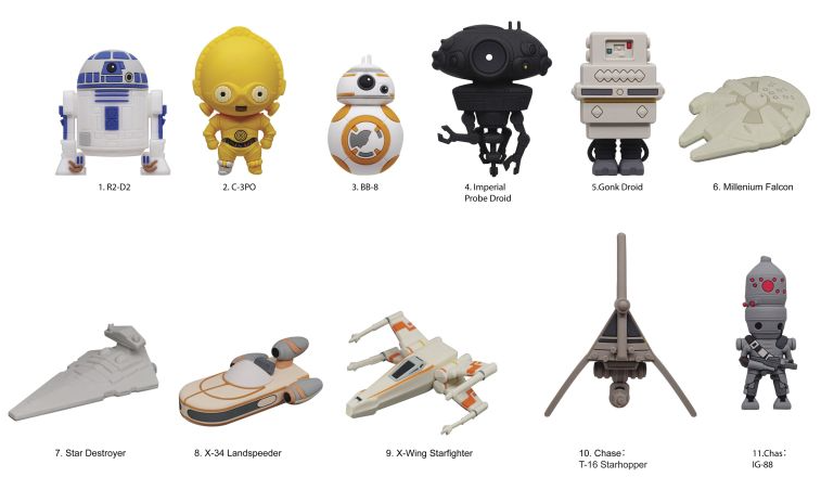Miniaturfiguren von Star Wars Charakteren und Schiffen: R2-D2, C-3PO, BB-8, Gonk, Falcon.