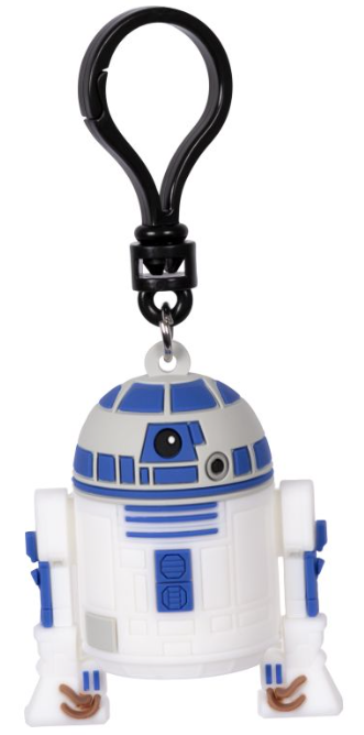 Ein R2-D2 Schlüsselanhänger mit schwarzem Clip und blauen und weißen Details.