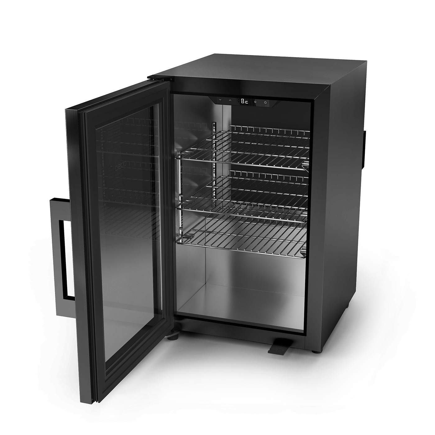 Ein schwarzer Kühlschrank mit Glasfront, offener Tür und Metallregalen.