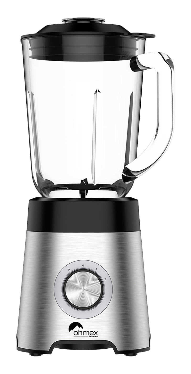 Ein silberner Standmixer mit Glasbehälter und schwarzem Deckel.
