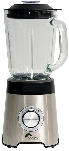 Ein silberner und schwarzer Mixer mit Glaskrug und einem Bedienknopf an der Basis.