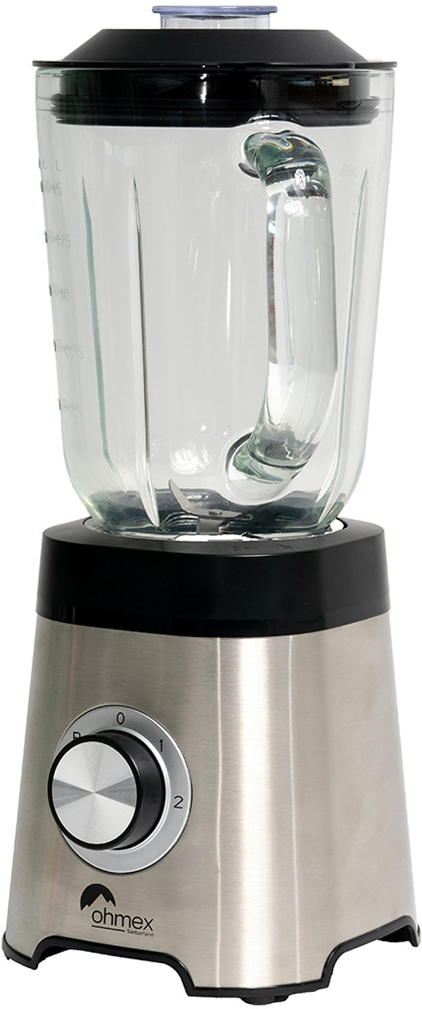 Ein silberner Mixer mit Glasbehälter und schwarzem Deckel, mit Bedienelementen.