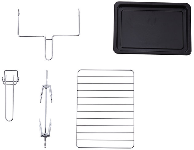 Un plateau de cuisson, une grille et des accessoires de rôtissoire.