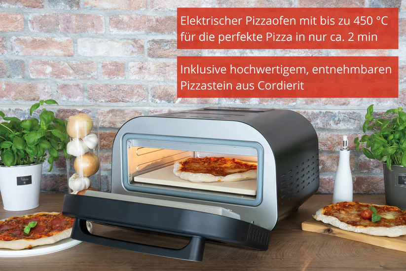 Un four à pizza électrique avec une pizza à l'intérieur, et une pizza finie à côté.