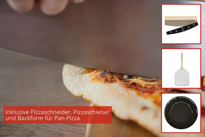 Un couteau coupe une pizza. Accessoires : pelle à pizza, planche à découper, moule rond.