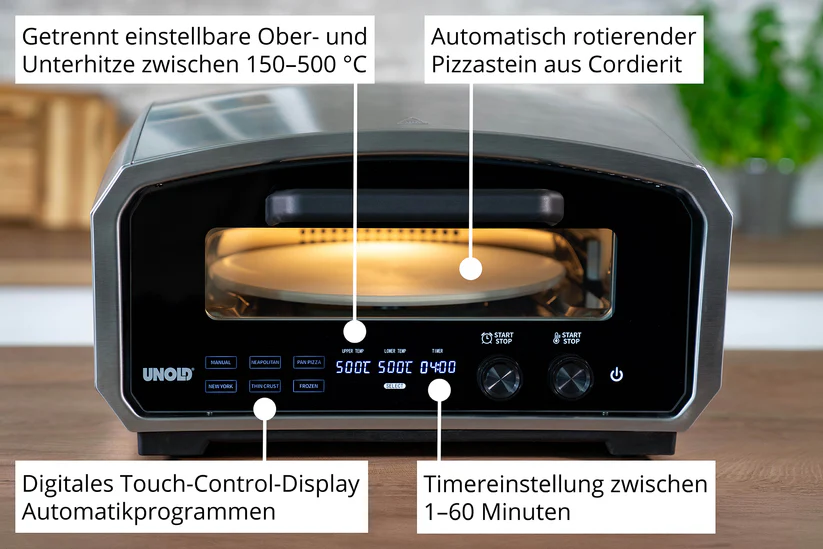 Ein Unold Pizzaofen mit Digitalanzeige, drehendem Stein und einstellbarer Temperatur.
