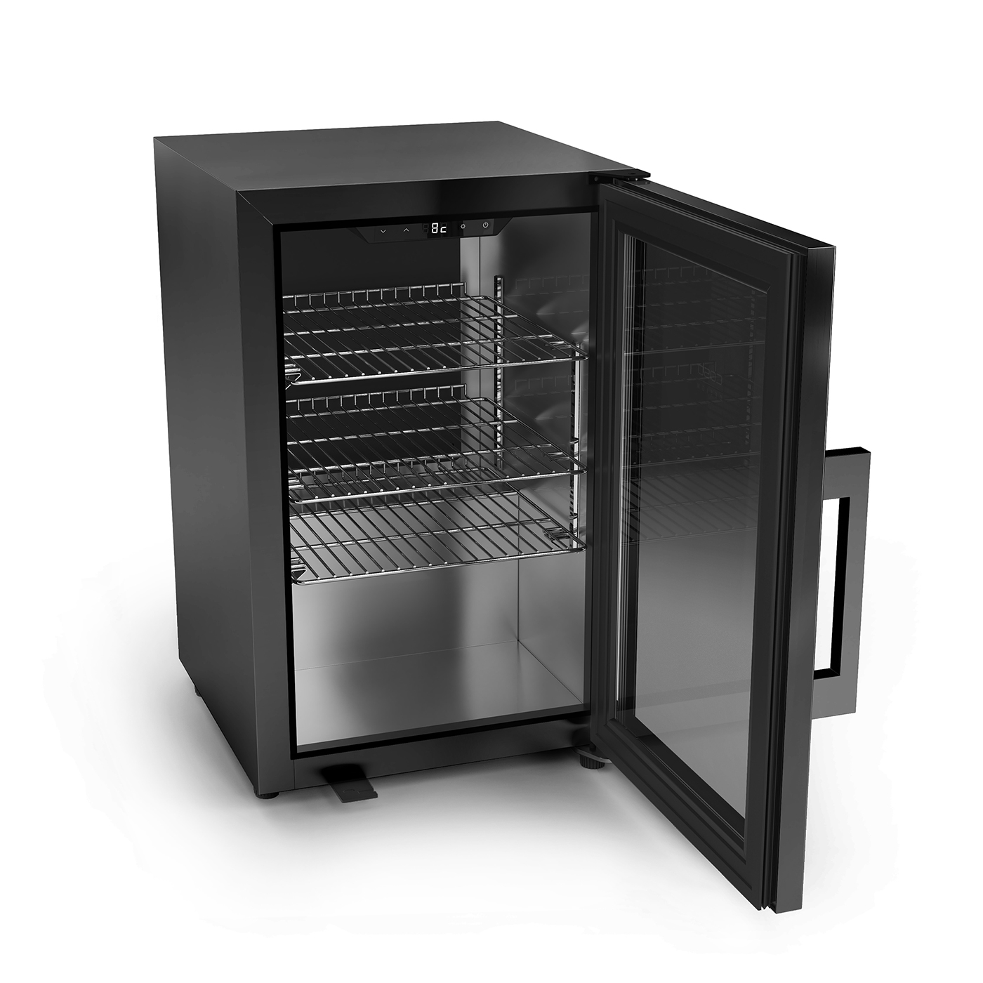 Schwarzer Kühlschrank mit Glastür und offenen Regalen.