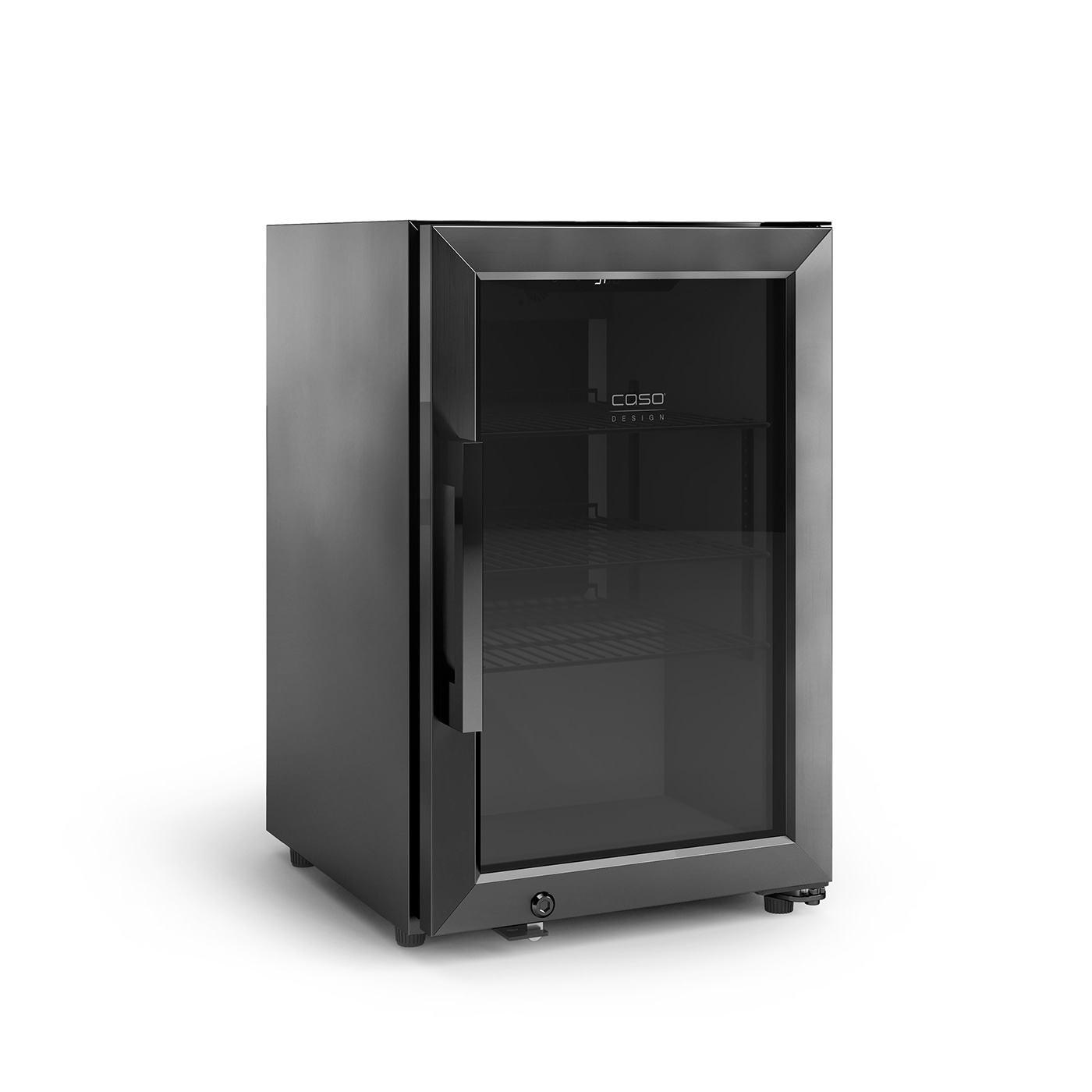 Ein kleiner, dunkler Kühlschrank mit Glastür und silbernem Griff.